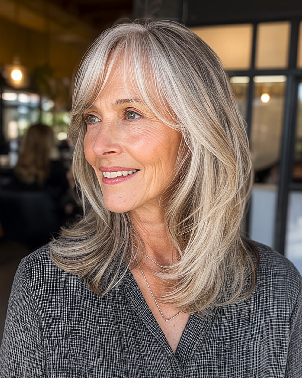 Silver blonde layered pieces with swoopy curtain bangs and feathered ends for women over 60
