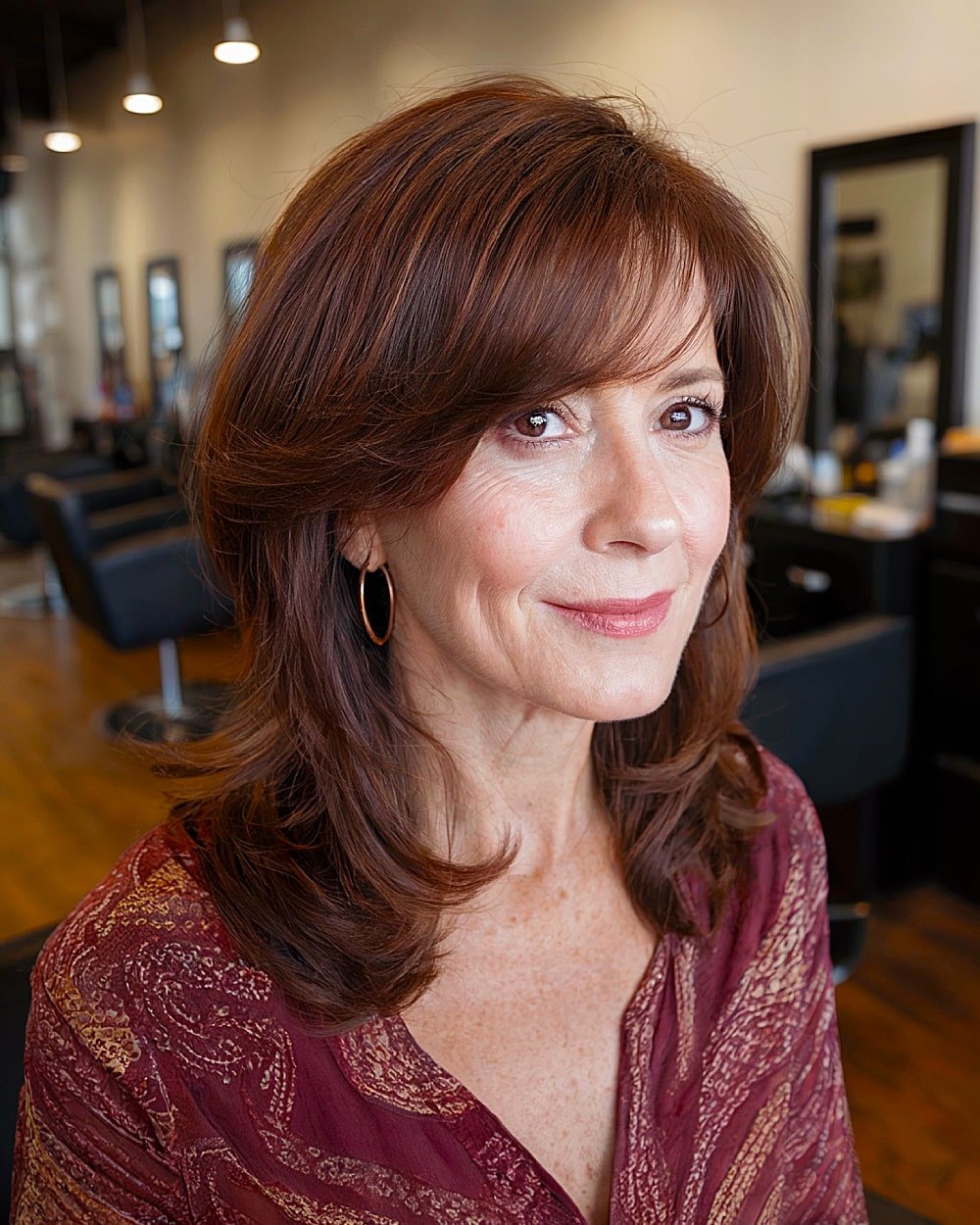 Medium brown hair with side bangs and layered ends for women over 60
