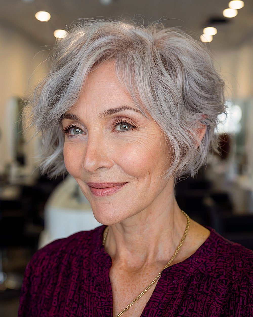 Choppy pixie cut with wavy layers for naturally gray hair over 60