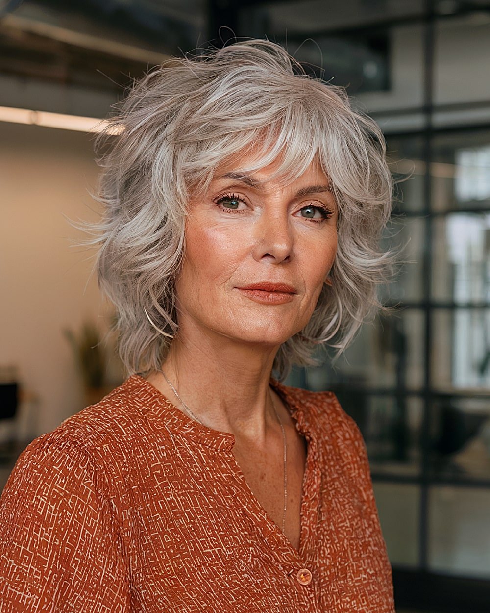 Shaggy wolf cut with layered gray waves for older women, textured style with soft fringe