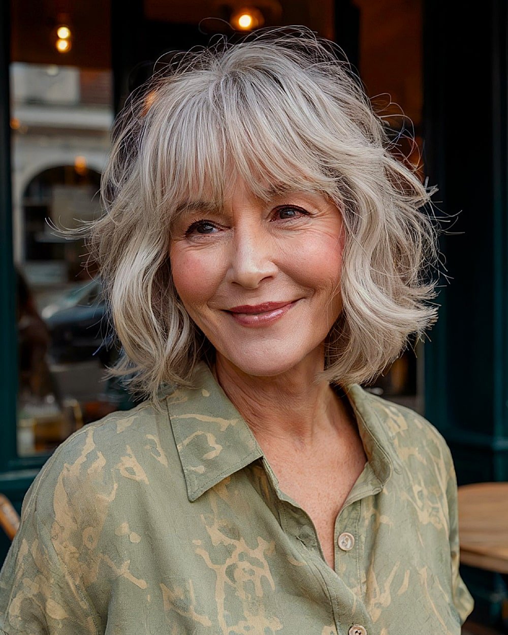 A French-inspired wavy bob for gray hair over 60, in a shaggy style with a full fringe