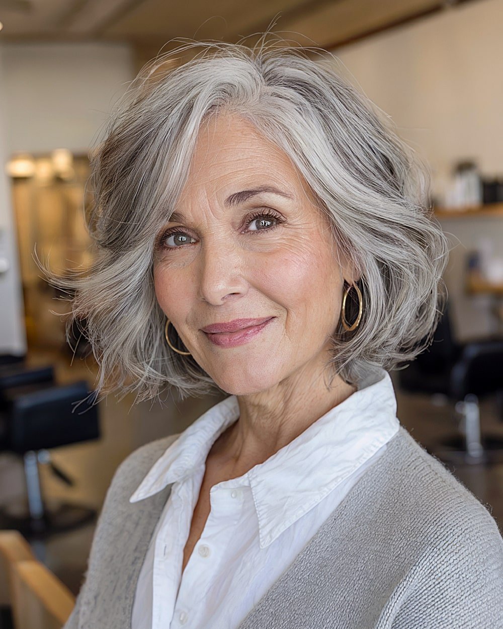 Butterfly haircut with natural waves on gray hair for women over 60, with a layered and lifted look