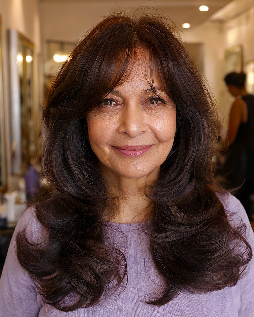 Long voluminous layers with butterfly bangs for mature women with thick dark hair