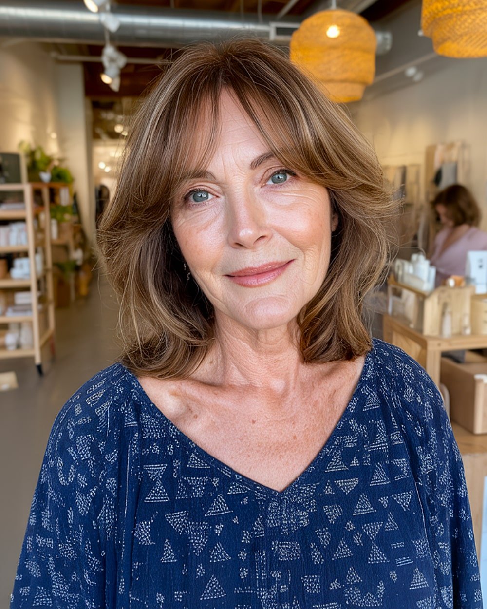 Medium brown layered hairstyle with curtain bangs for women over 60