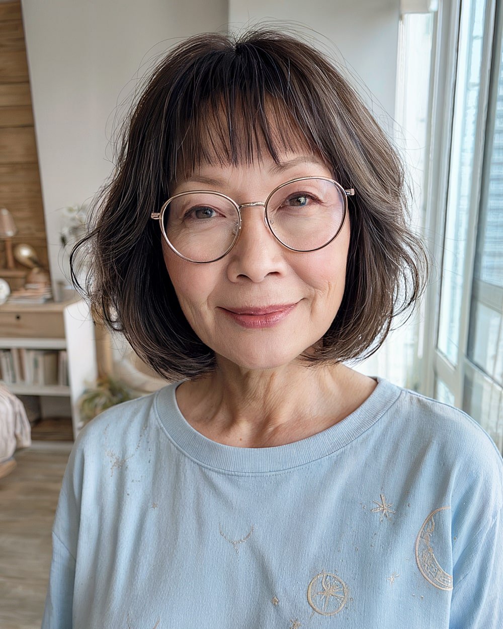 Chin-length layered bob with bangs for older women with fine, wavy hair