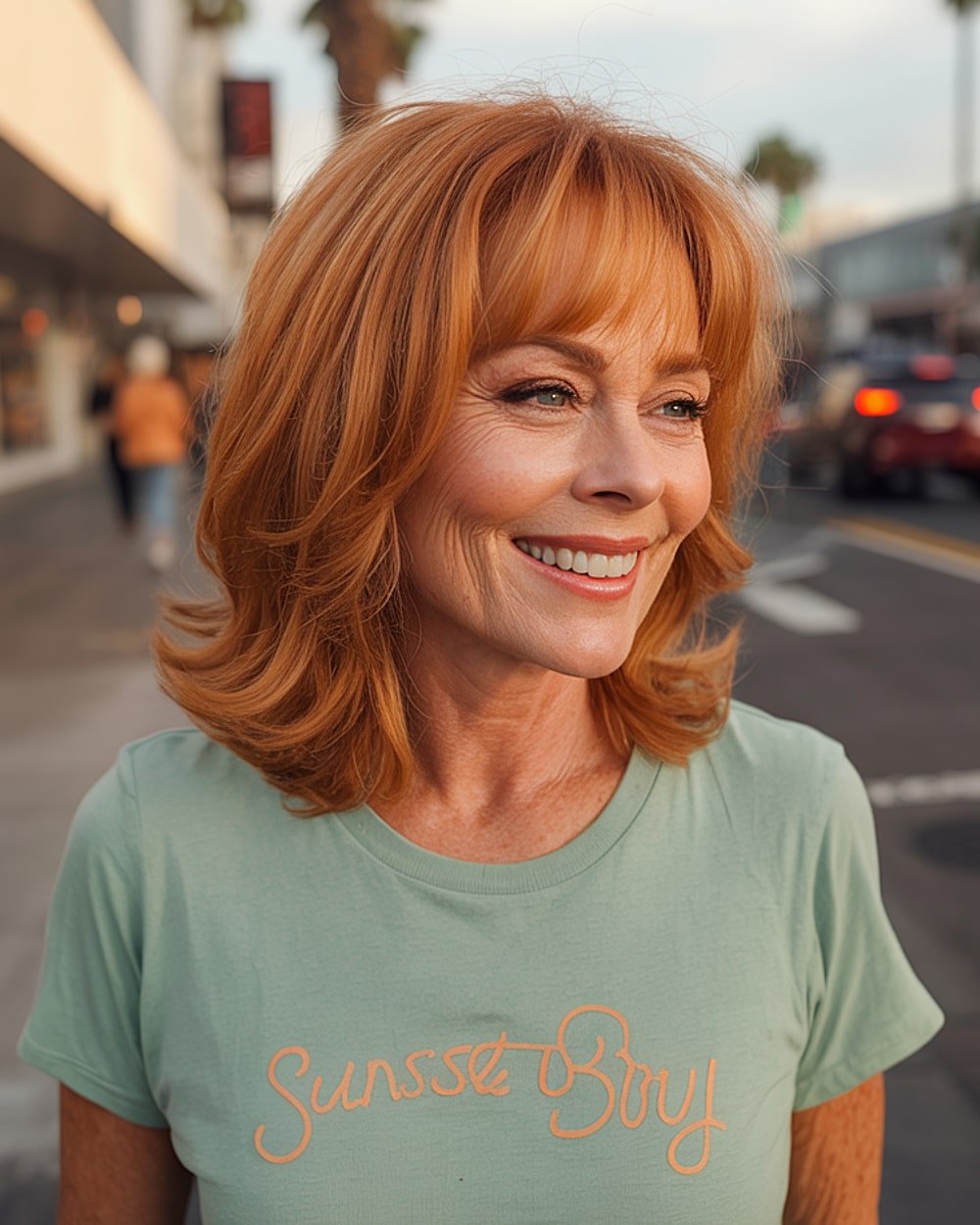 Medium inverted layered haircut with round bangs for older women with red hair