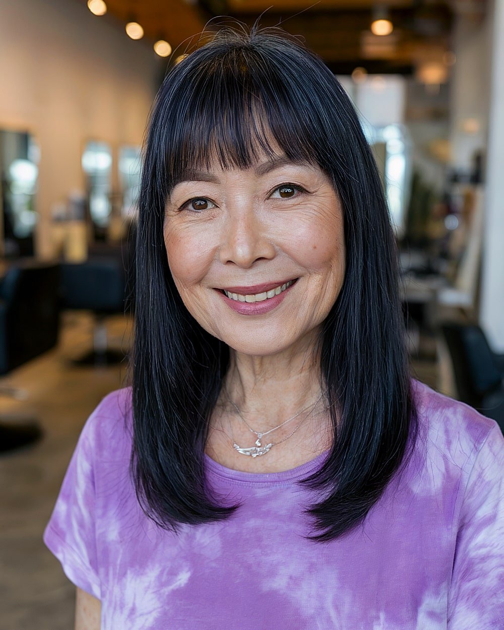 Medium length straight black hair with layers and blunt bangs for older women