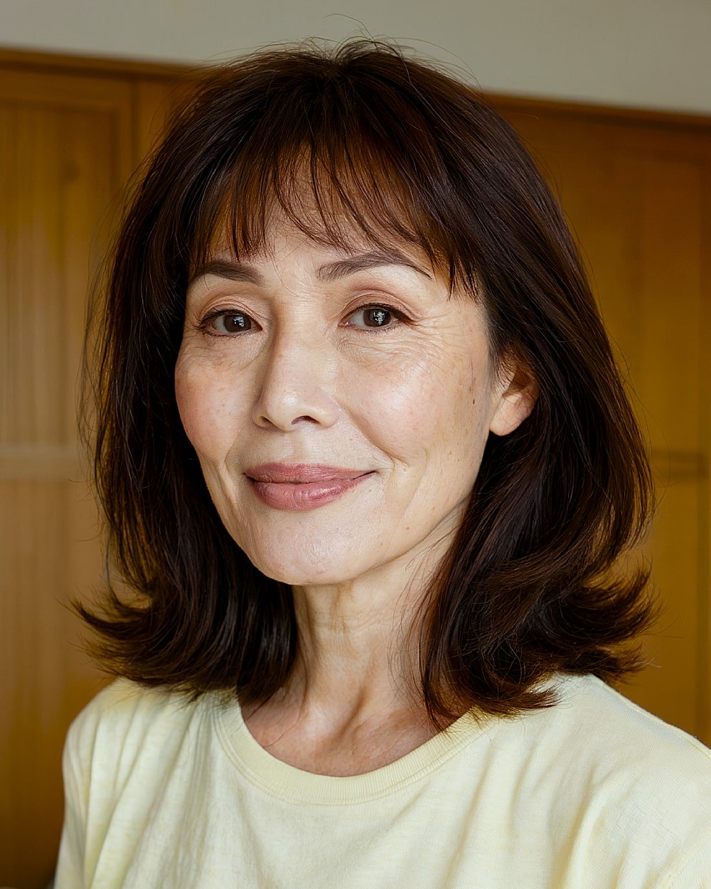 Shoulder length haircut with soft bangs for women over 60 with straight hair