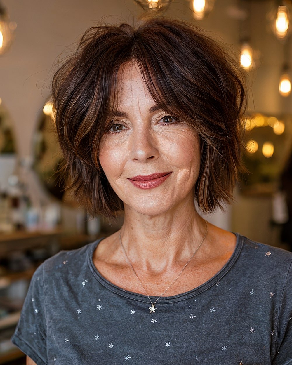 Chin length bob with curtain bangs and layers for women over 60 with wavy hair