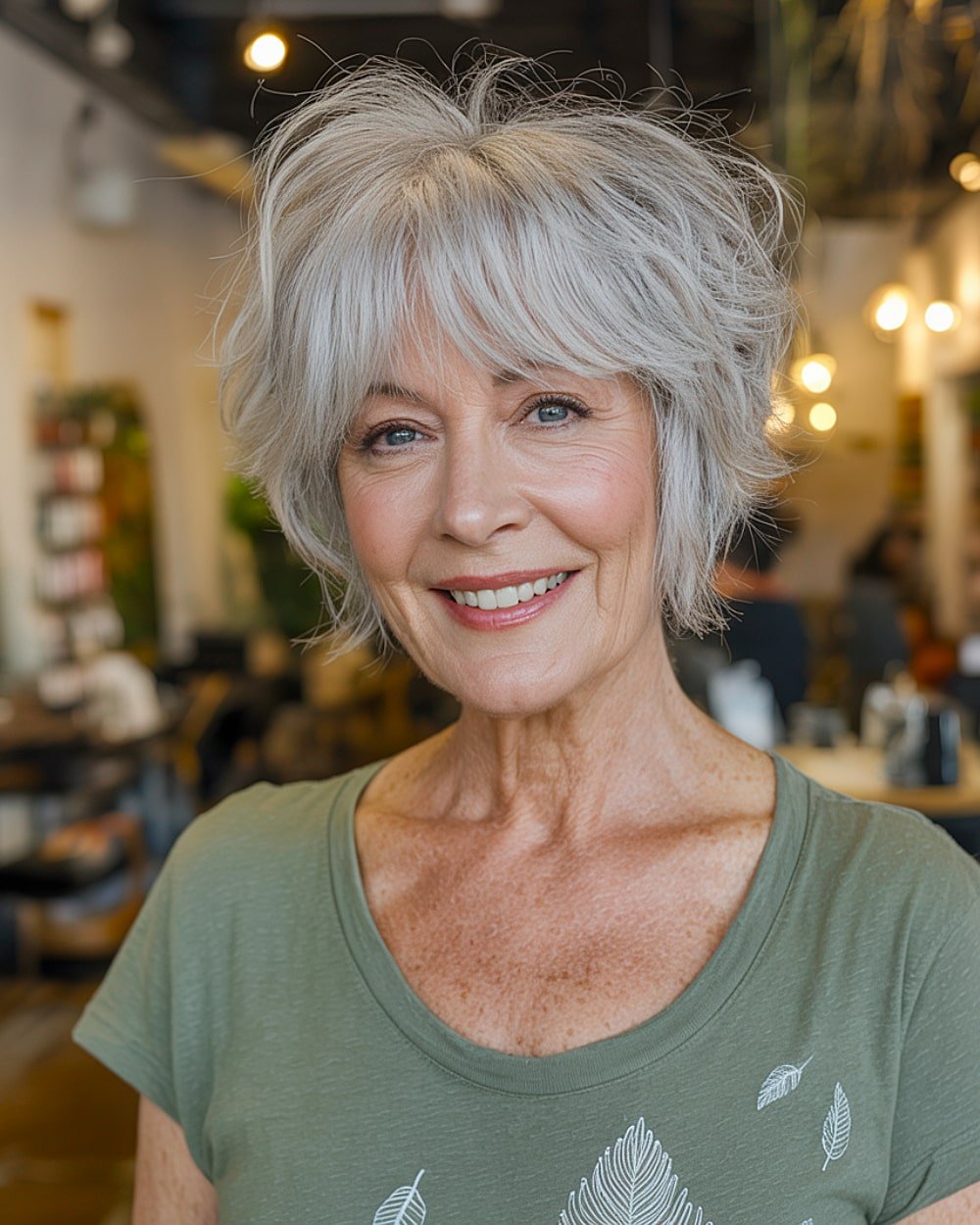 Short silver layered haircut with bangs for women over 60 with soft, wavy hair