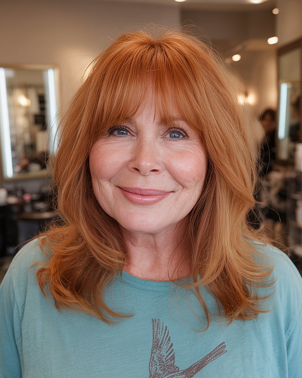Layered strawberry blonde cut with fringe bangs for women with round faces over 60