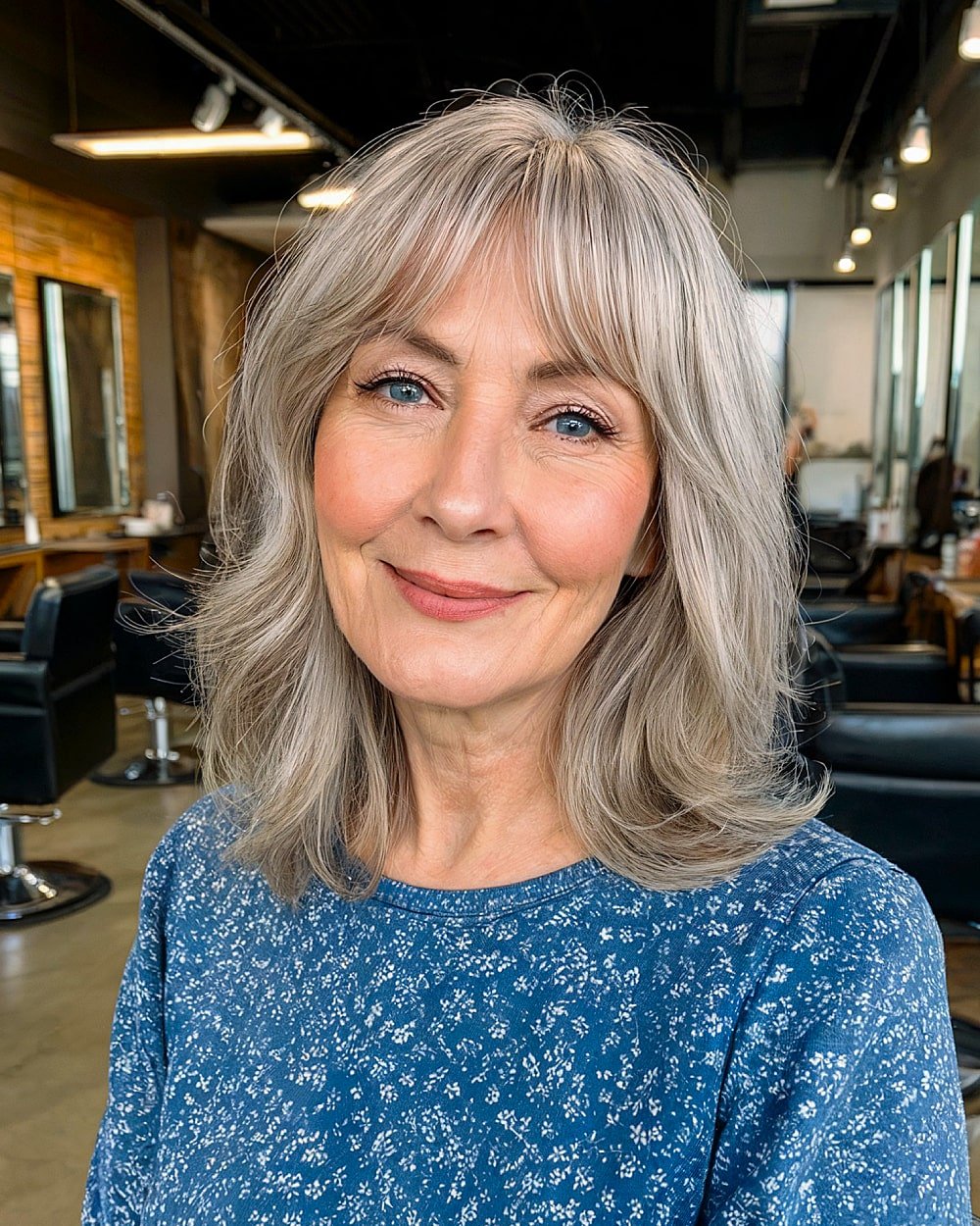 Silver layered hairstyle with curtain bangs for older women with medium length hair