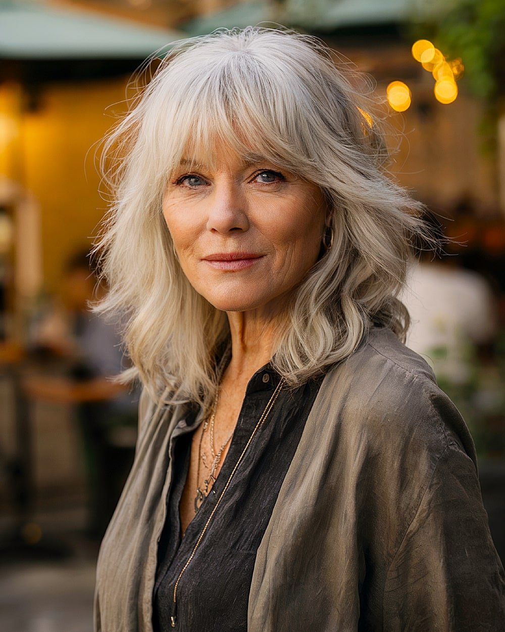 Feathered layered silver haircut with bangs for women over 60 with medium length wavy hair