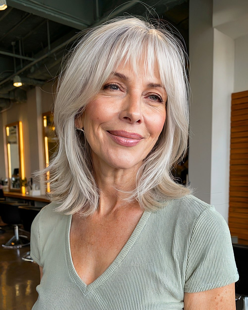 Layered gray haircut with soft bangs and soft face framing for women over 60