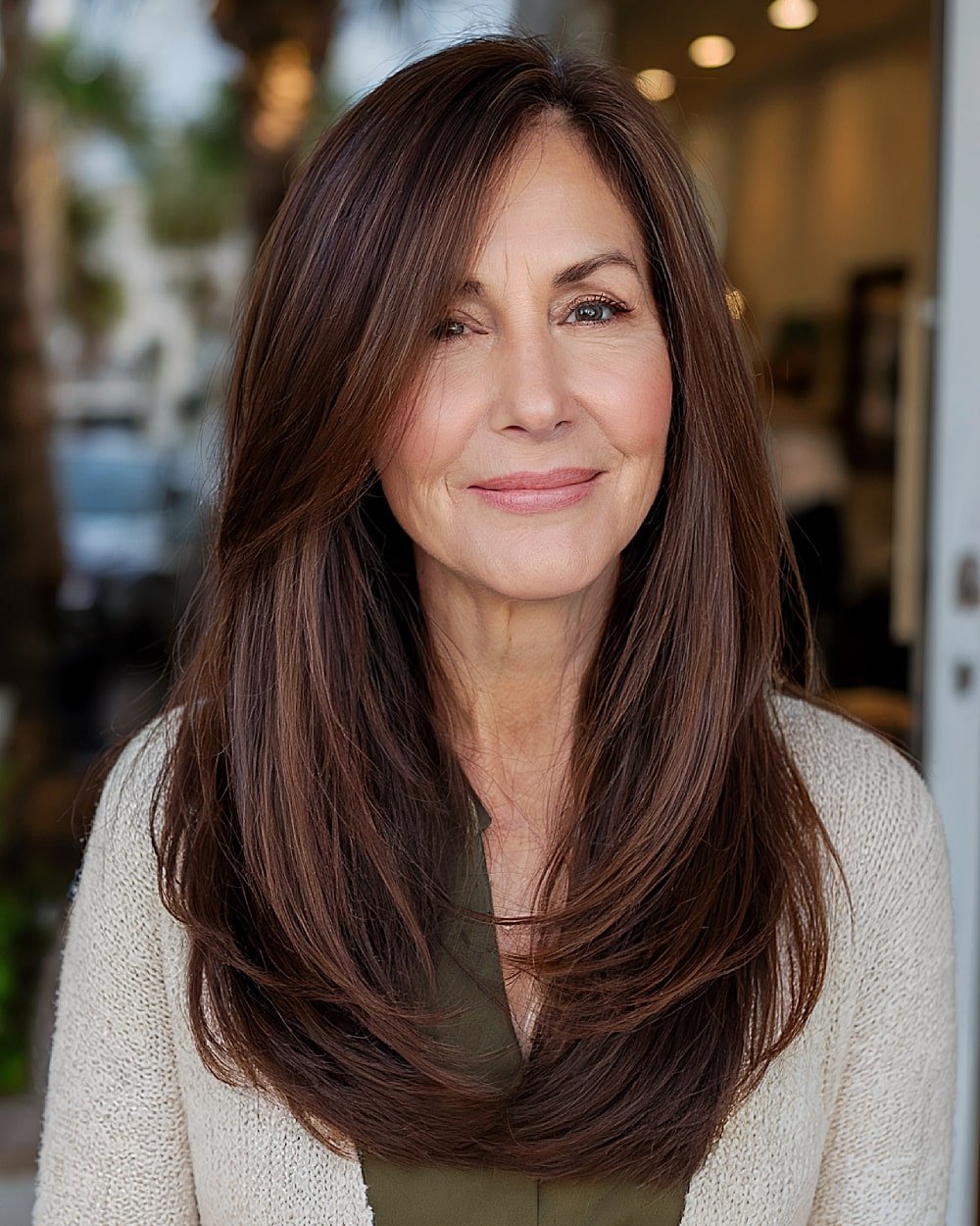 Long, straight chocolate brown hair over 60 with face-framing layers with feathers