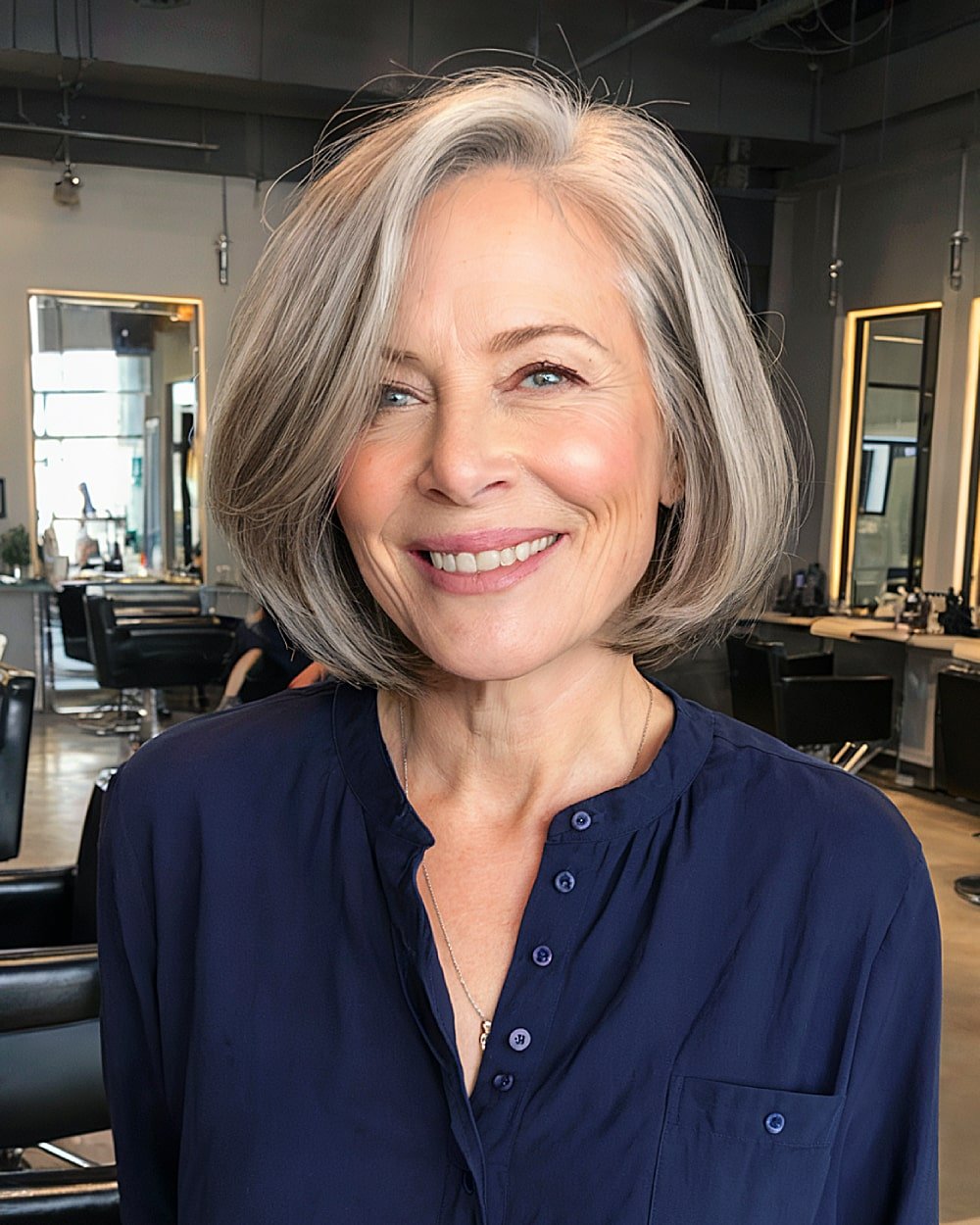 Side part hairstyle for women over 60 with silvery gray hair and soft round layers