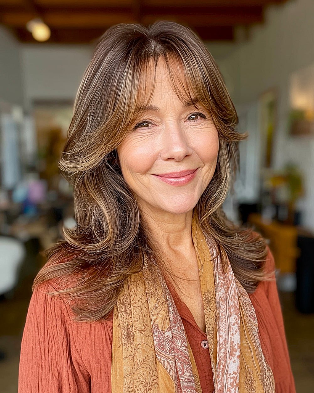 Soft shades on medium layered hair for women over 60 with highlights on the face and feathered ends