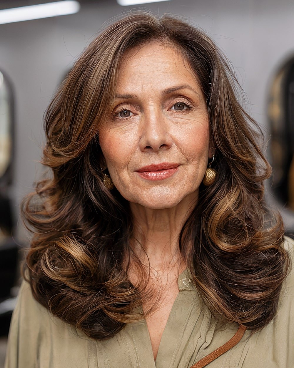 Voluminous dark brown curls with honey highlights for women over 60