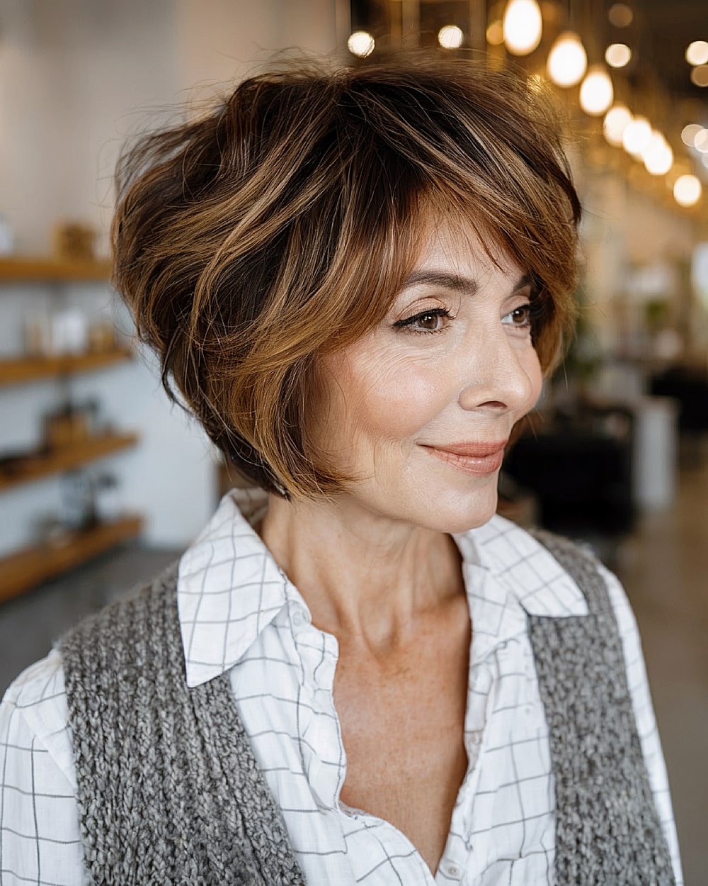 Stacked inverted bob with piecey texture for women over 60 with warm brunette hair