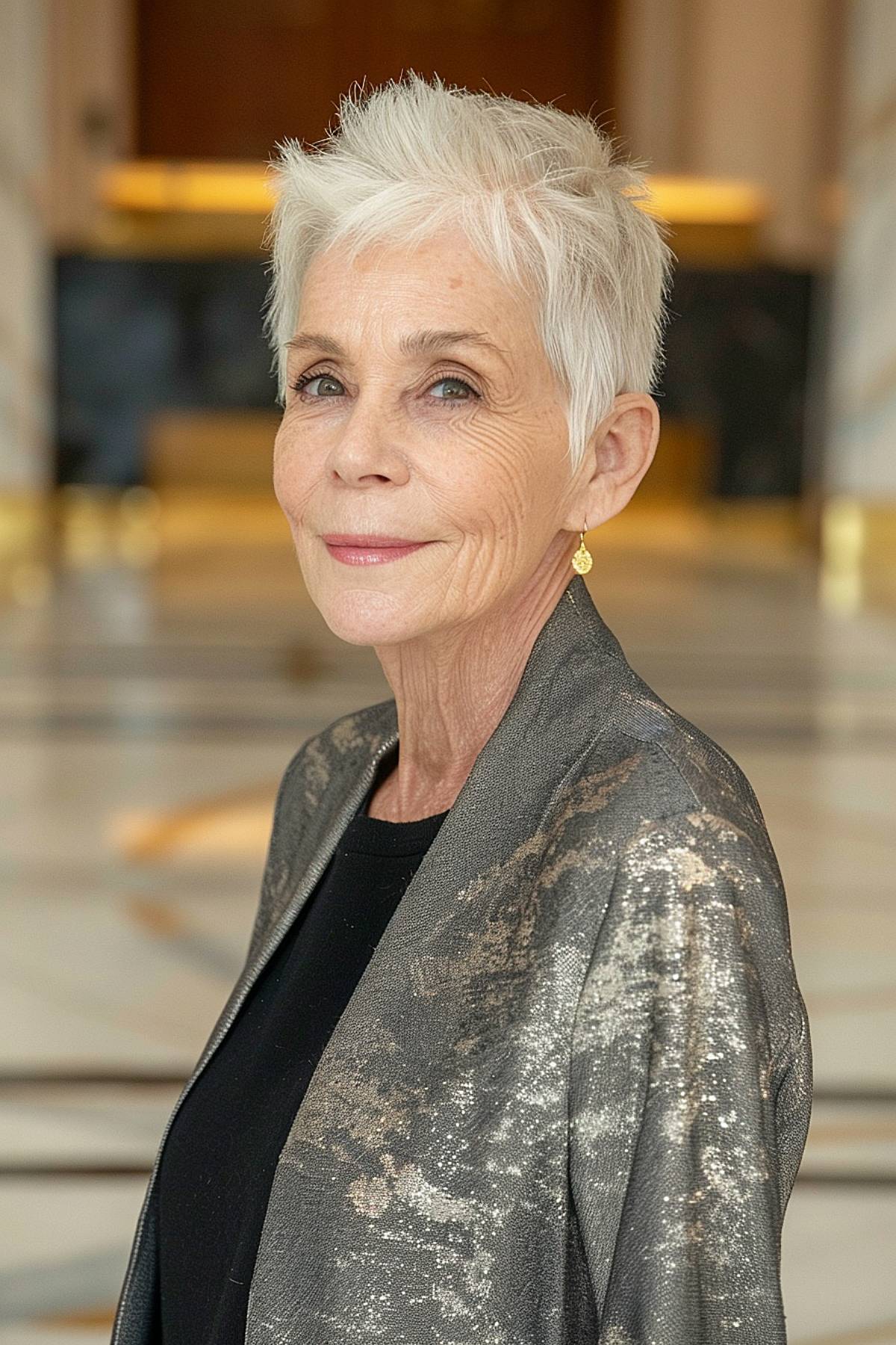 Snowy silver pixie with spiky crown layers