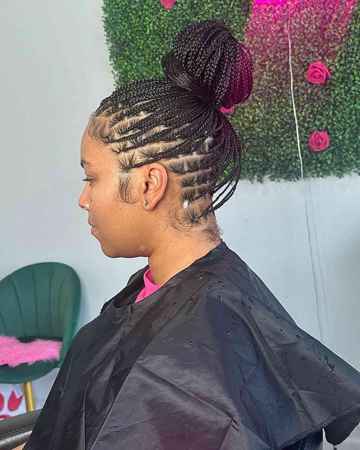 Top bun with thin braids for black women