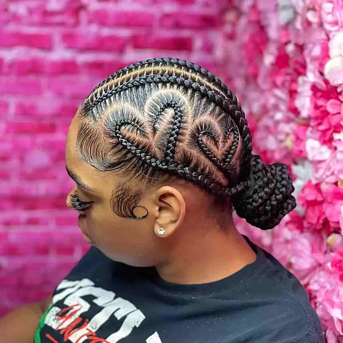 Heart-shaped braids with low bun for black women