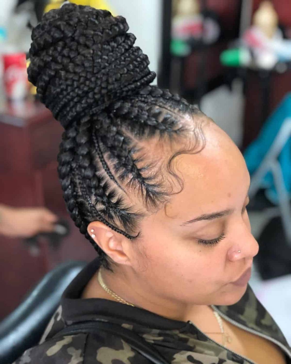 Large braided bun with weave