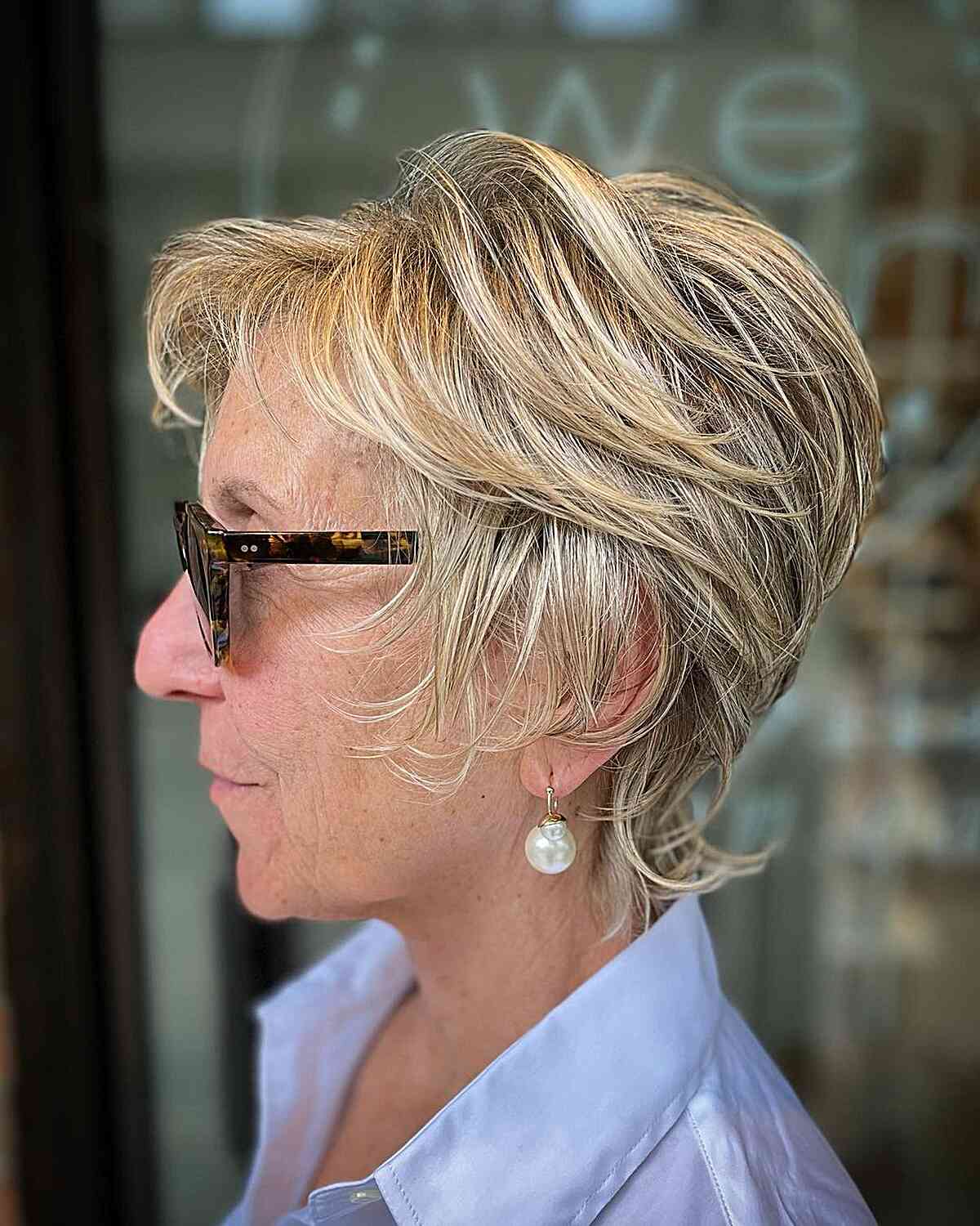 Short and long shaggy pixie for women with fine hair over 60