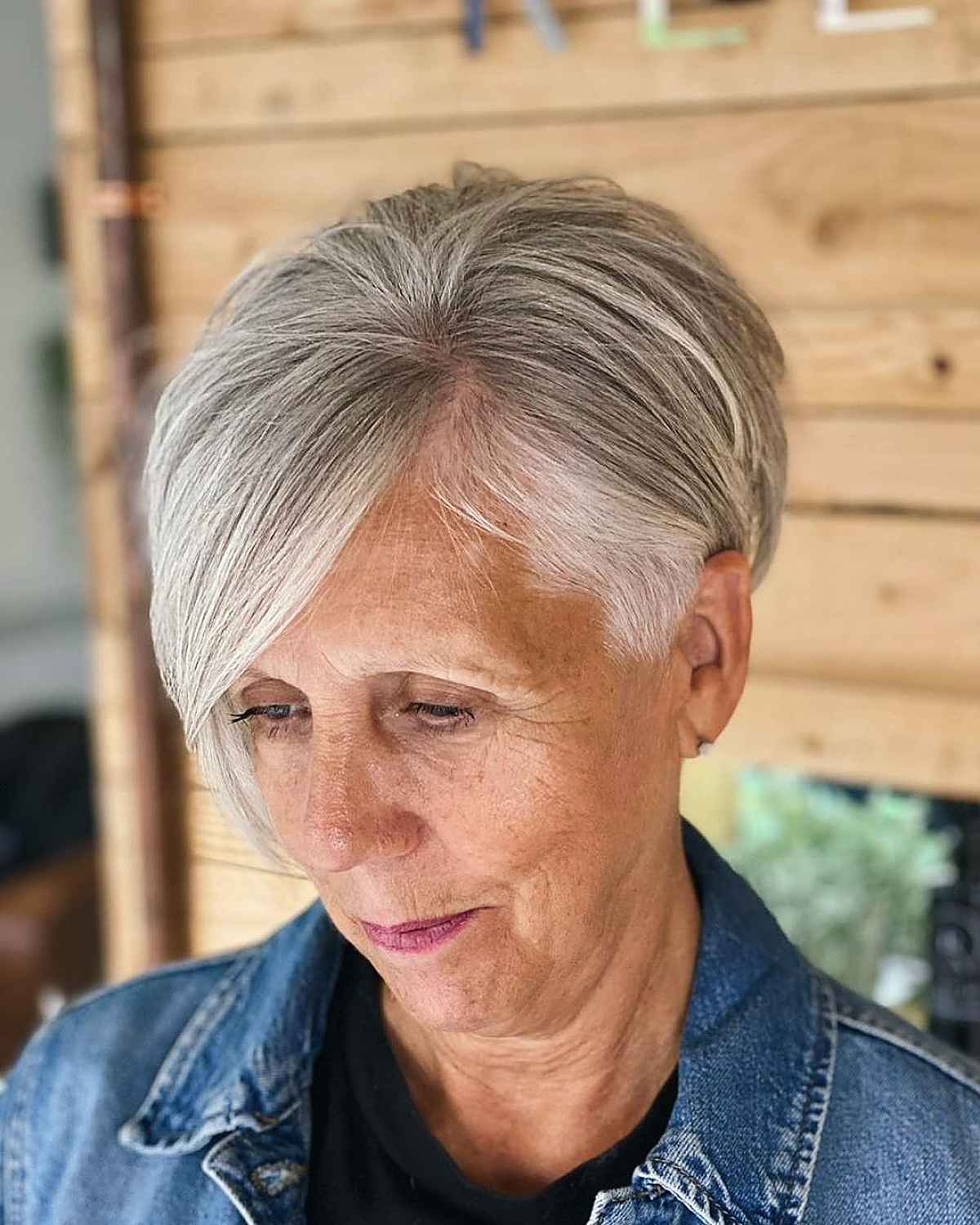 Pixie hair with long bangs for women over 60