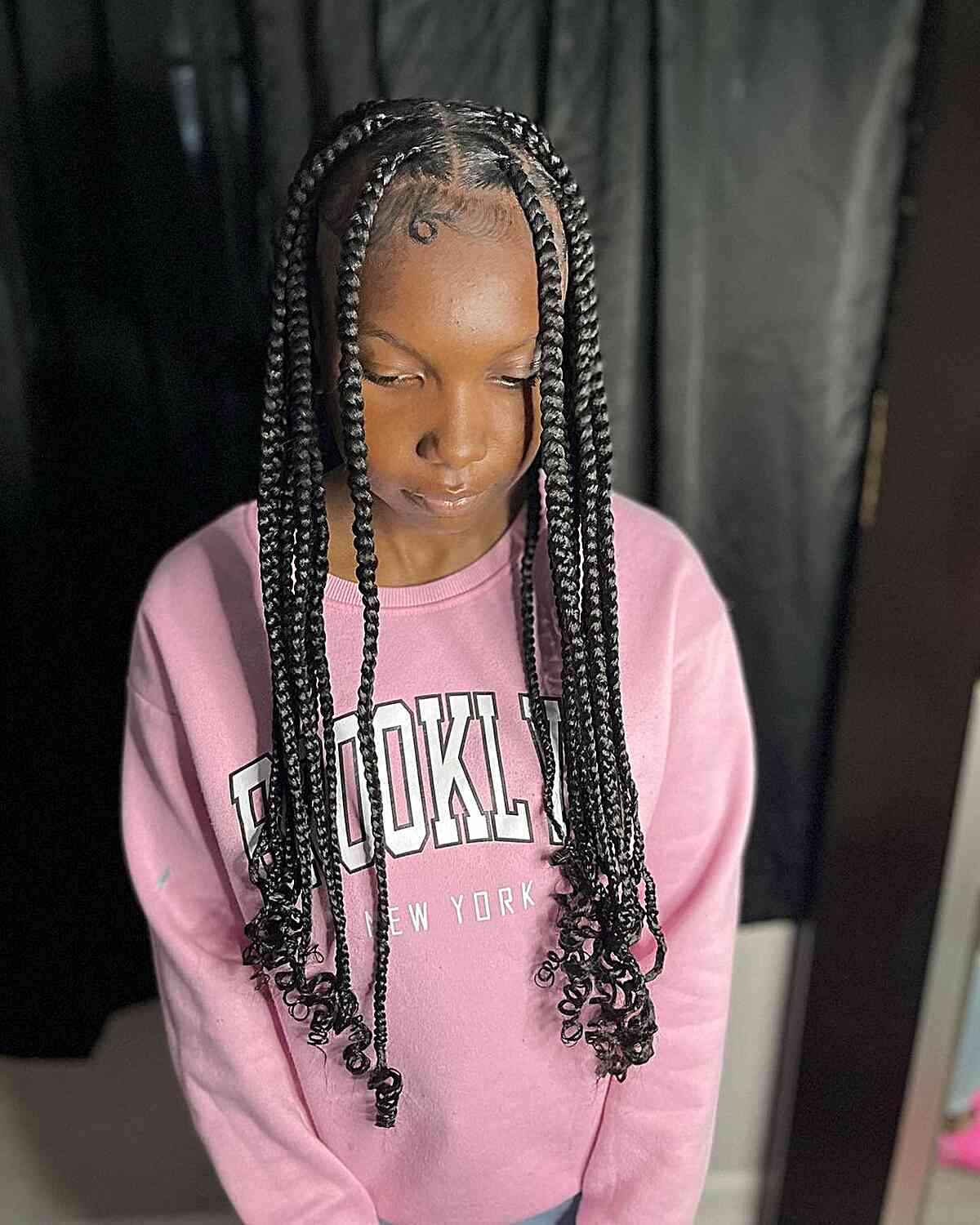 Medium long chunky knotless braids with curly ends for girls