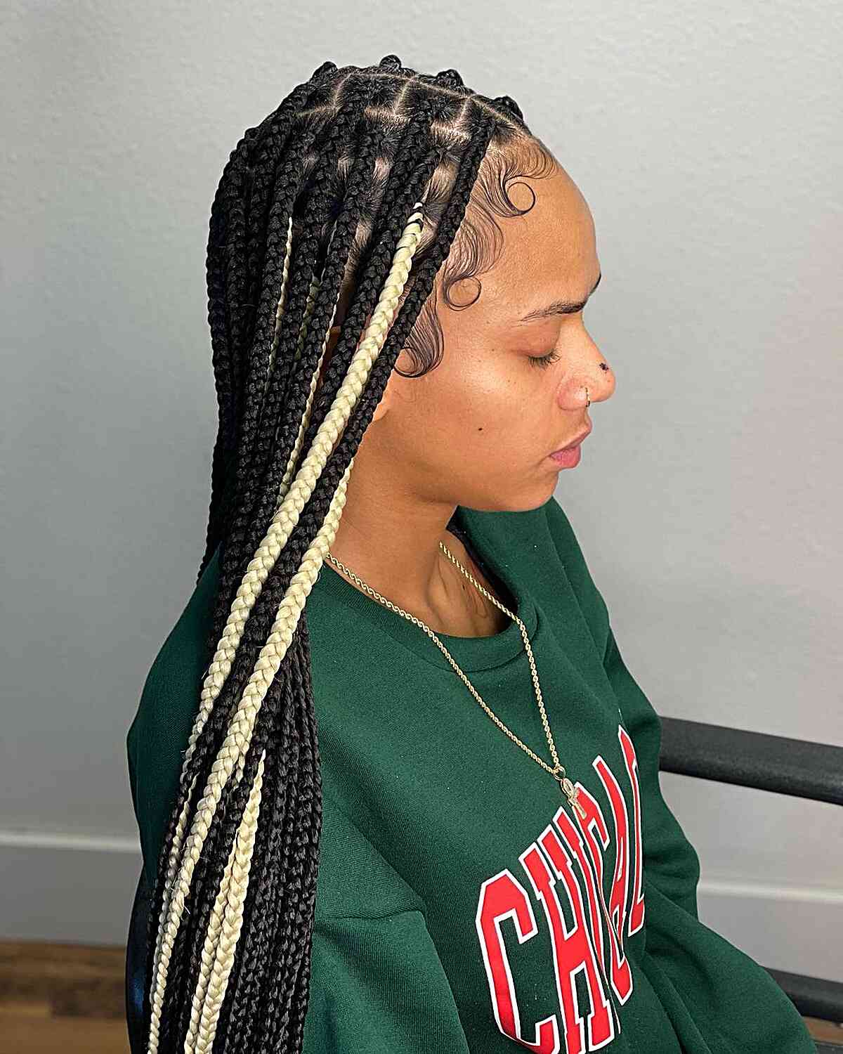 Long and medium black braided hair without knots with blonde pieces