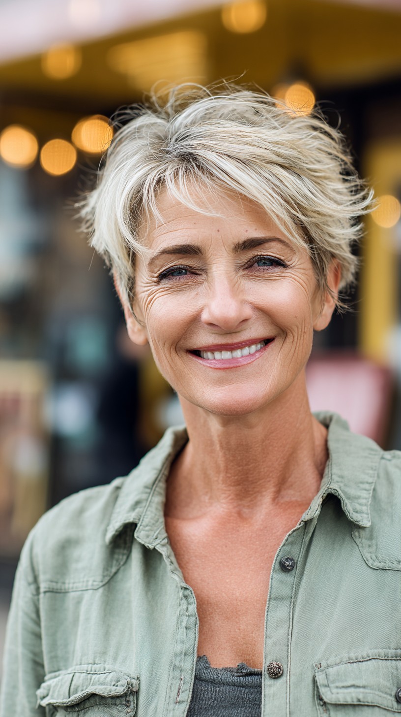 Soft Silver Layered Pixie with Swept Bangs