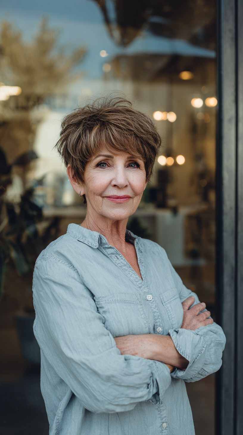 Brunette Feathered Pixie with Soft Highlights
