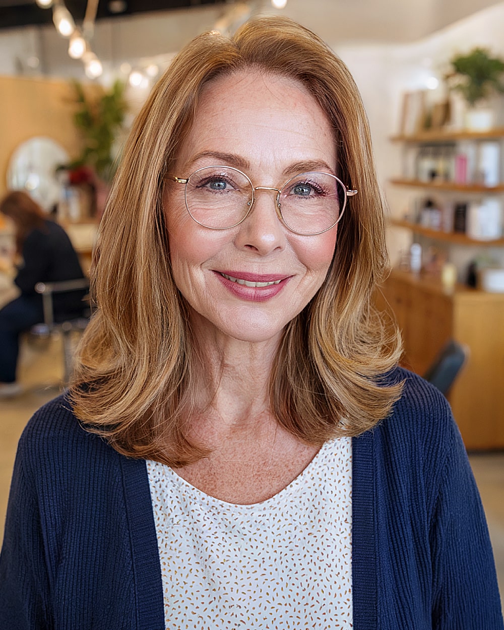 Face framing medium layers with warm blonde highlights for women over 60