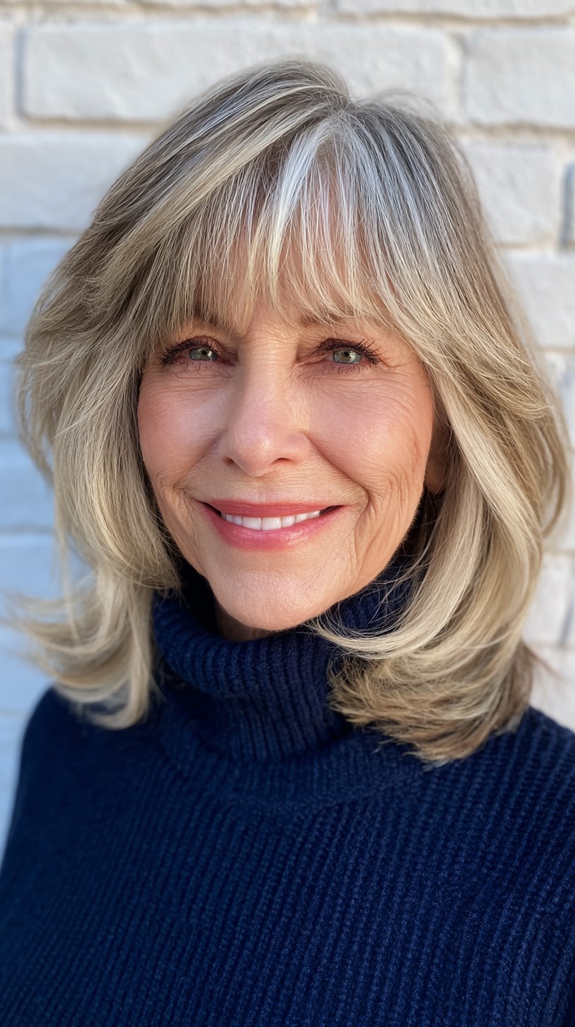 Silver Blonde Layered Bob with Soft Bangs