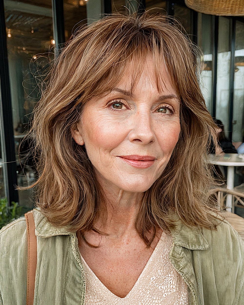 Textured medium length layers with bangs for women over 60 with light brown hair