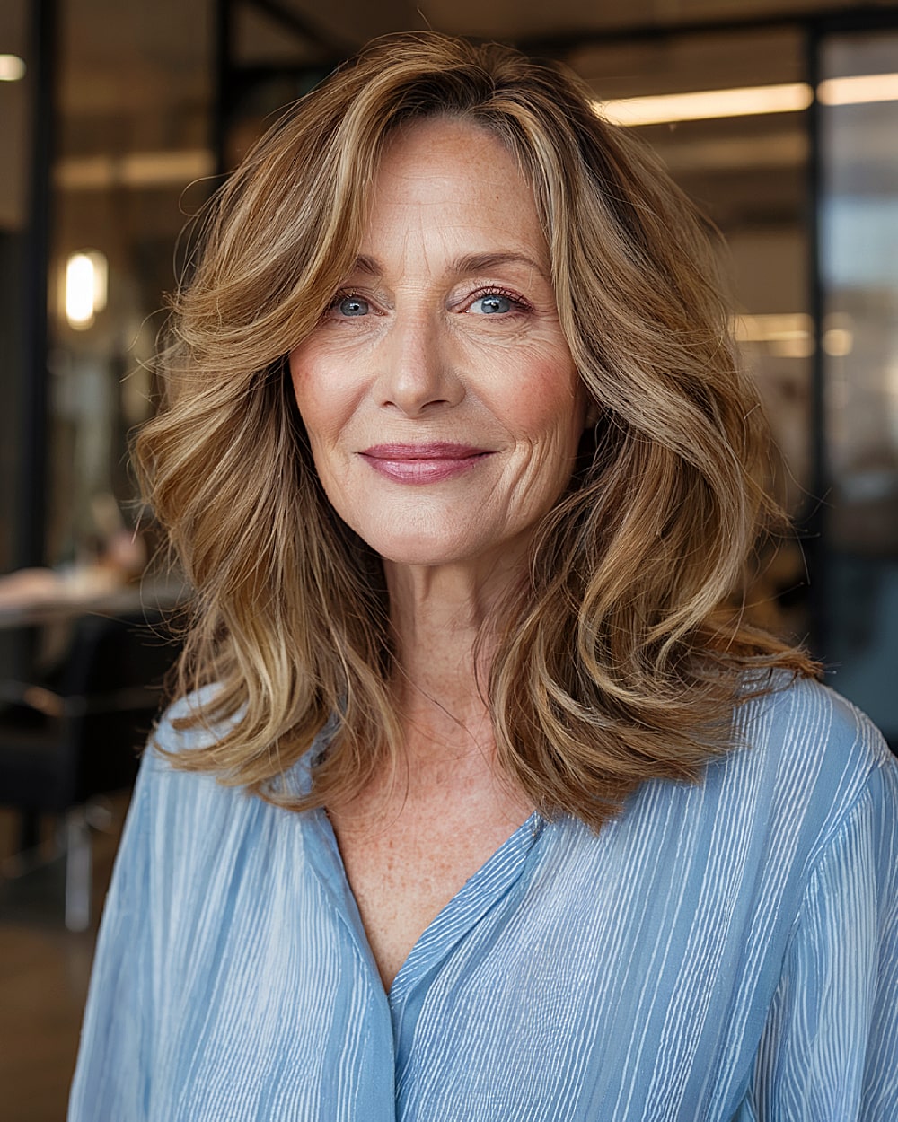 Mid length layers with caramel balayage for women over 60