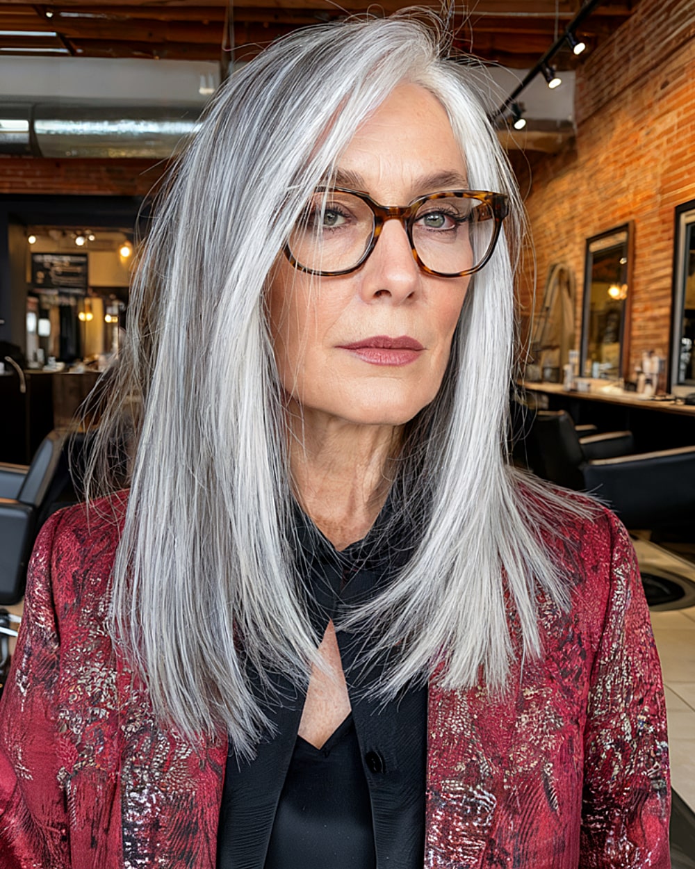 Razored medium layered cut for women over 60 with silver straight hair
