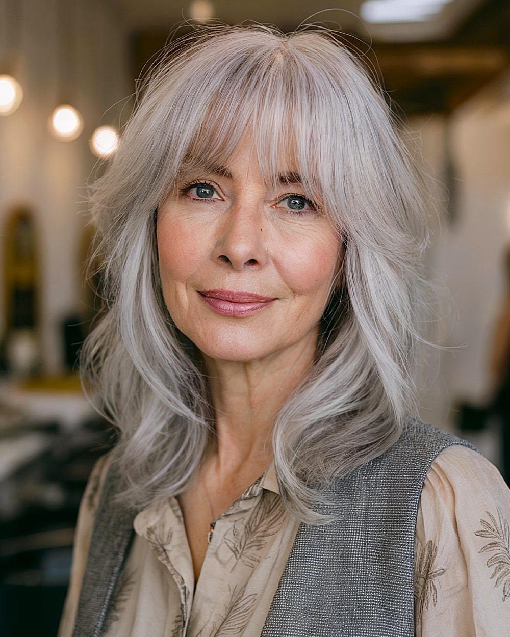 Medium length layers with bangs for fine gray hair over 60