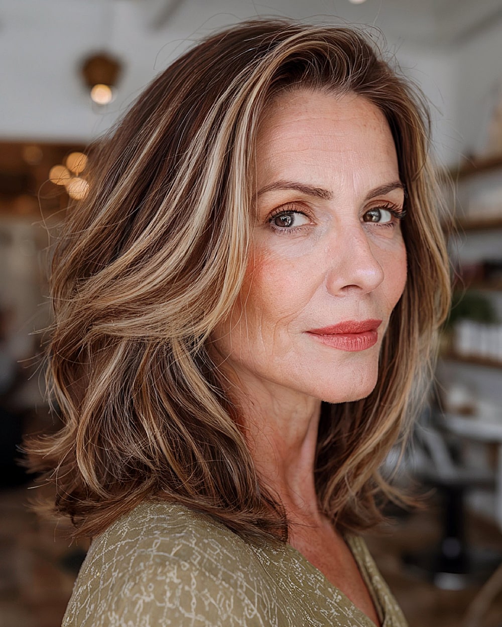 Mid length layers with blonde highlights for women over 60 with brown hair