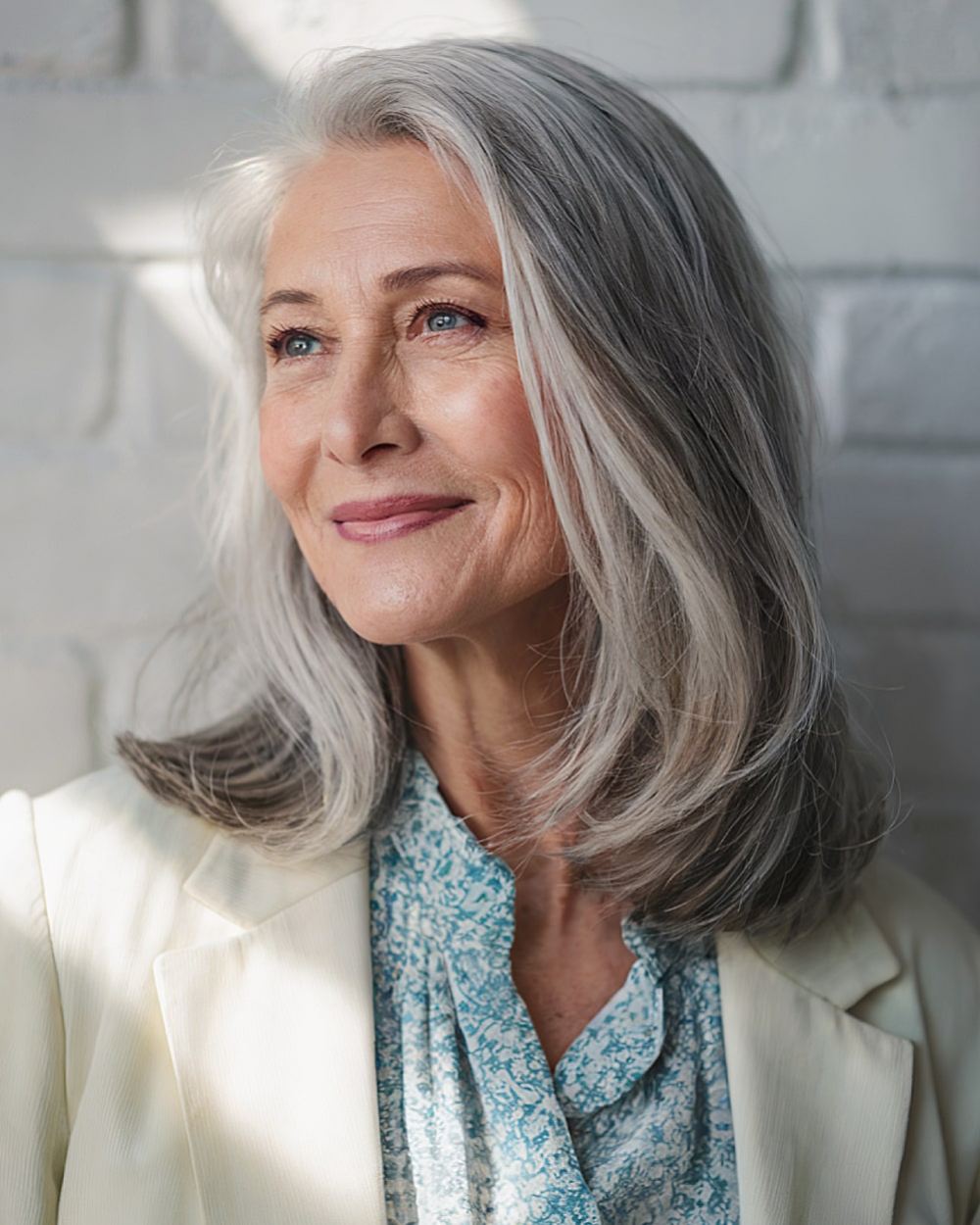 Layered hairstyle for medium gray hair over 60 with face framing pieces
