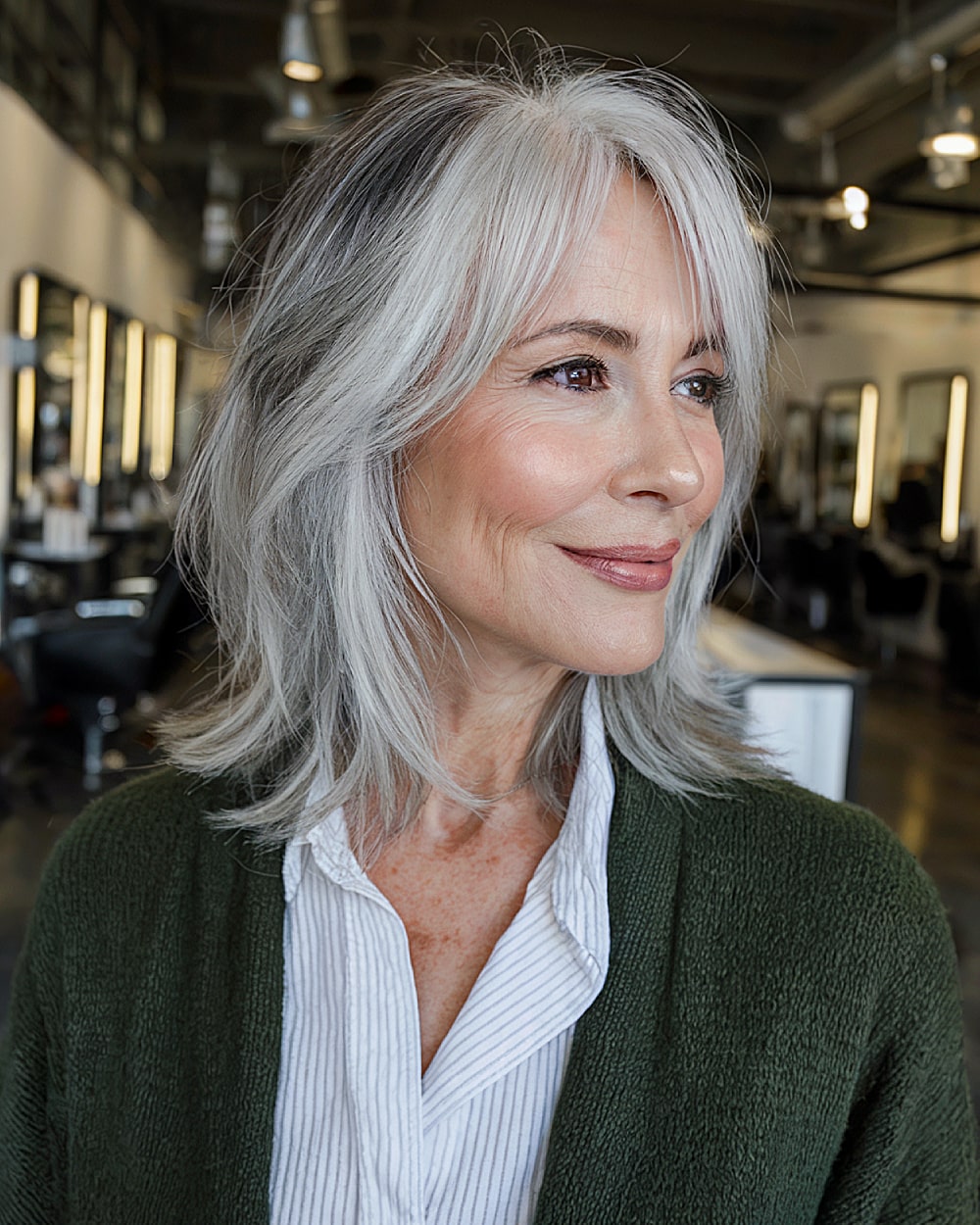 Shaggy layers for straight silver hair over 60 with wispy face framing