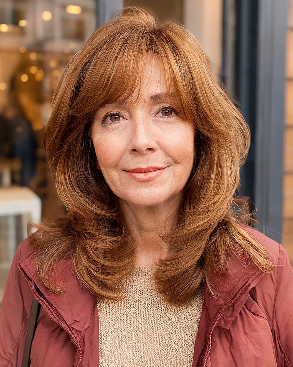 Medium layered haircut with side bangs for women over 60 with auburn hair