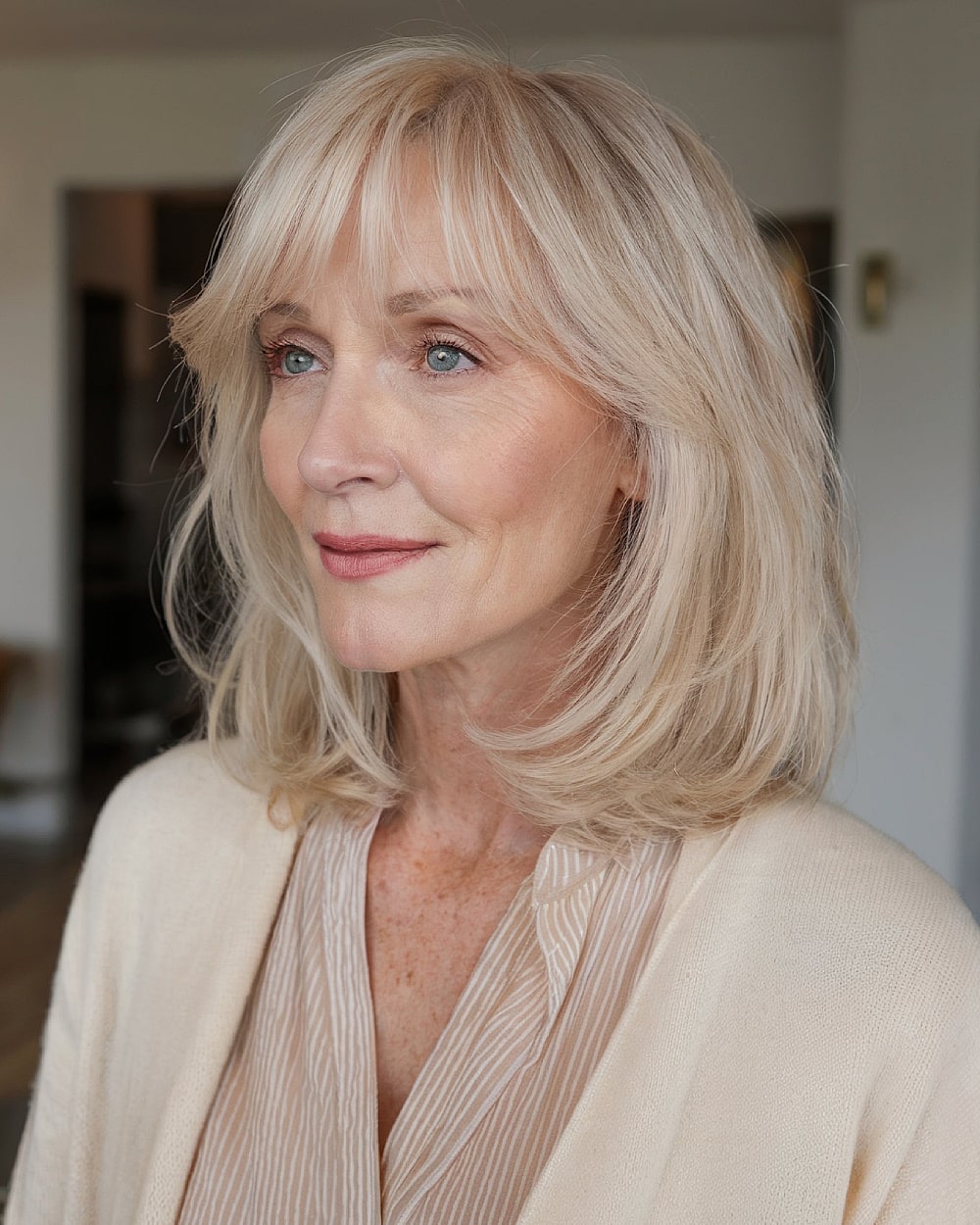 Medium layered haircut with soft fringe for women over 60 with blonde hair