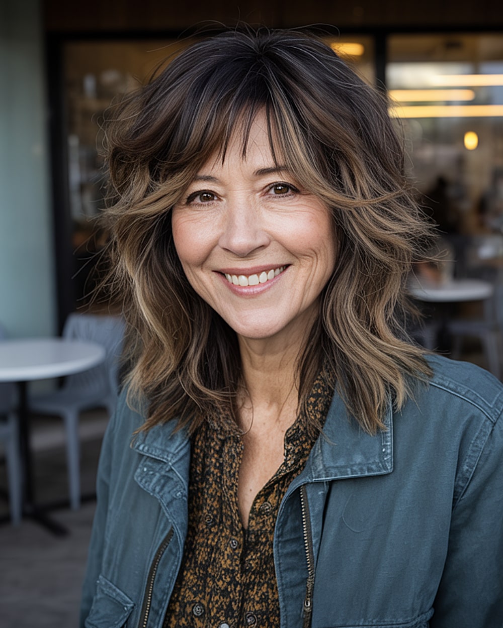 Choppy medium layers with dark roots and highlights for women over 60.