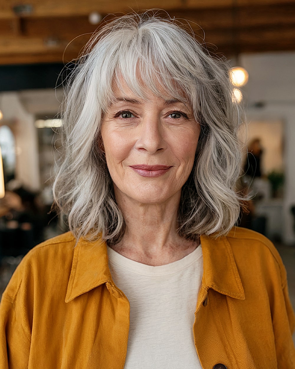 Shoulder grazing layers with soft bangs for women over 60 with silver hair