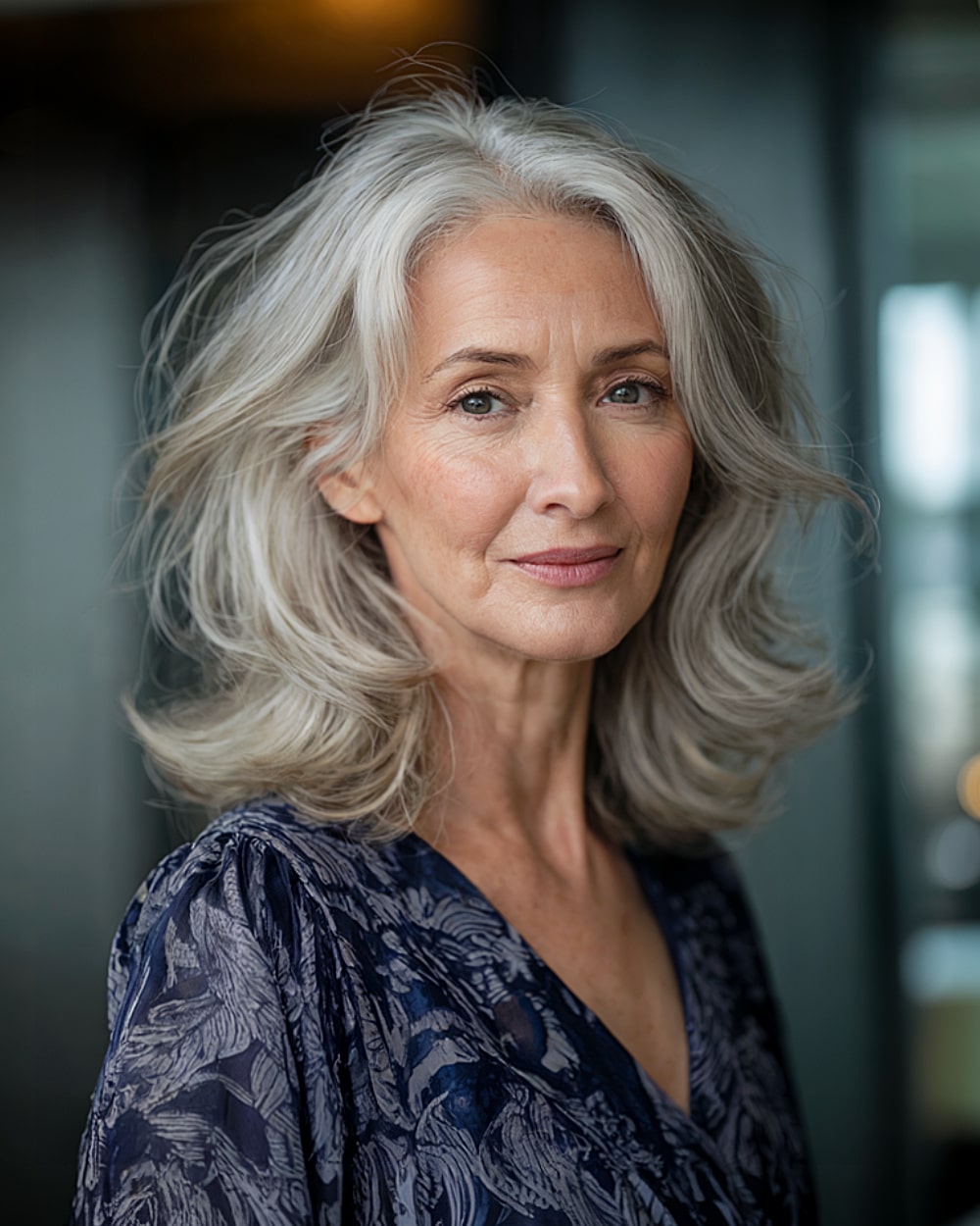 Voluminous layered silver haircut for women over 60 with medium length hair