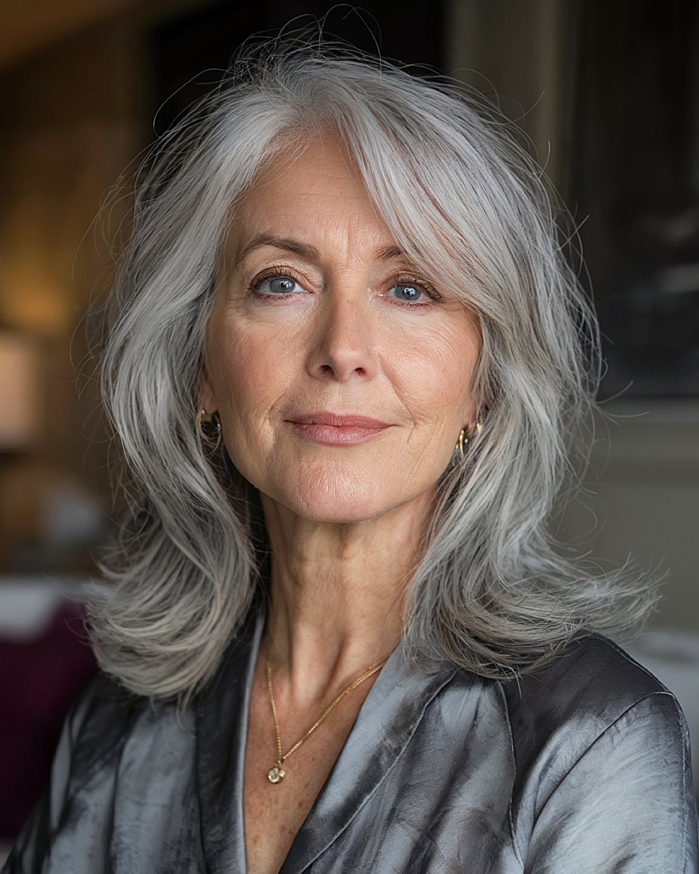 Classic layered medium haircut for women over 60 with silver hair