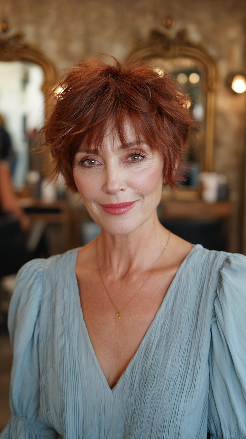 Copper-Toned Textured Pixie with Soft Fringe