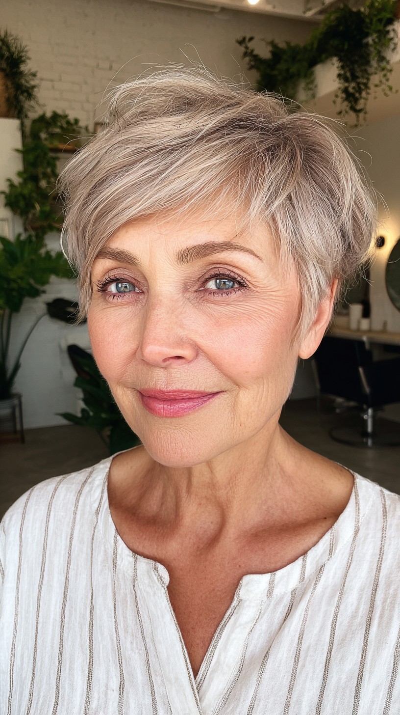 Soft Silver Tapered Cut with Swept Bangs